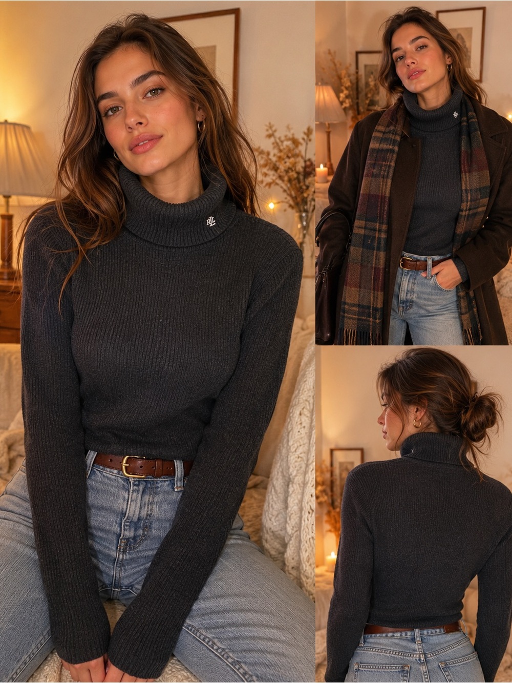 Lauren Ralph Lauren Gray Ribbed Turtleneck Sweater RL Logo Cotton Blend M